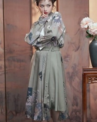 Moonlight flower Japanese style print pleated skirt Japanese loli