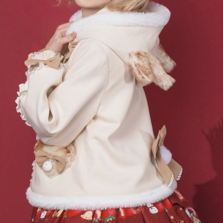 Reindeer style hooded boa ribbon short coat