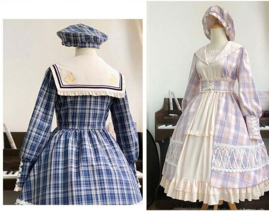 Schoolgirl in Paris Checked sailor collar dress and beret