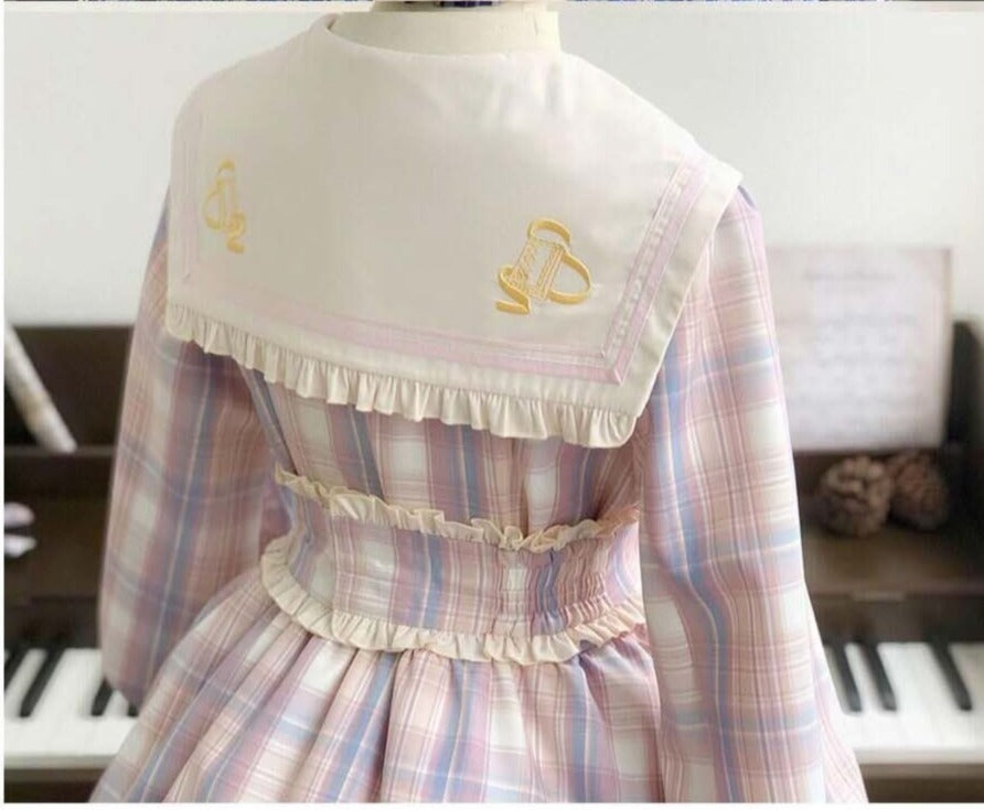 Schoolgirl in Paris Checked sailor collar dress and beret