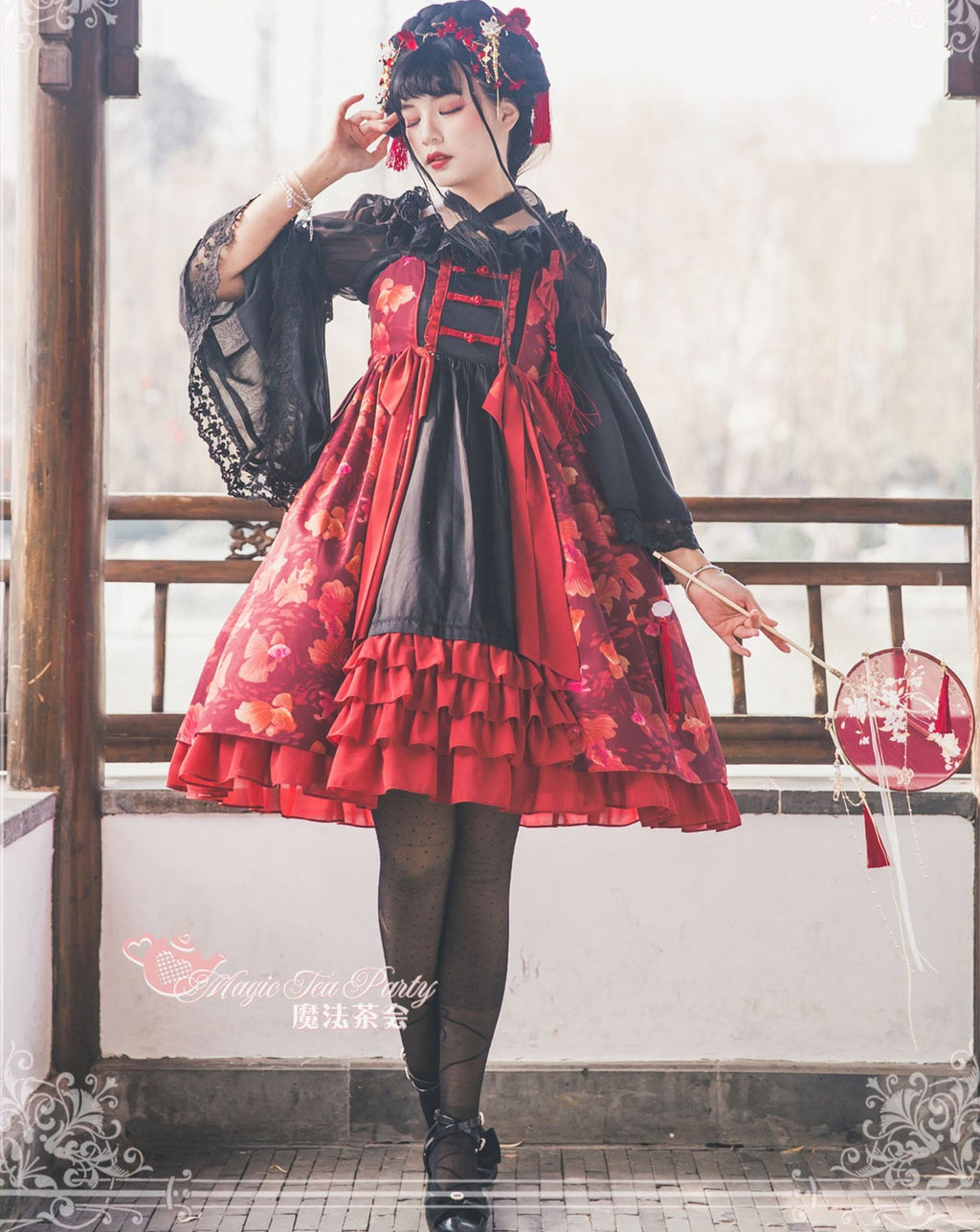 Yumemiru Goldfish Flower Lolita Jumper Skirt with Hair Accessory