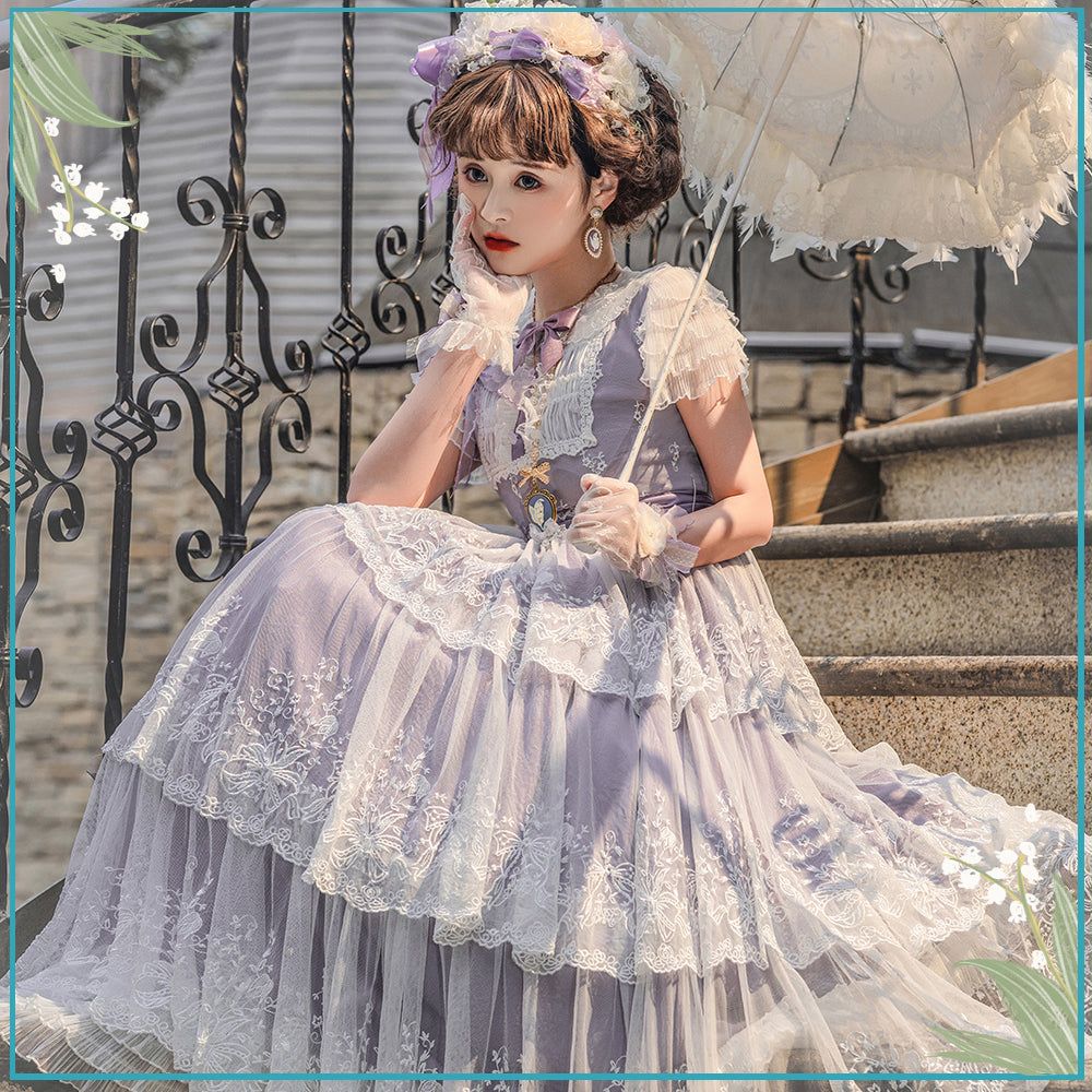 Suzuran flower embroidery Three-stage lace dress (long length)