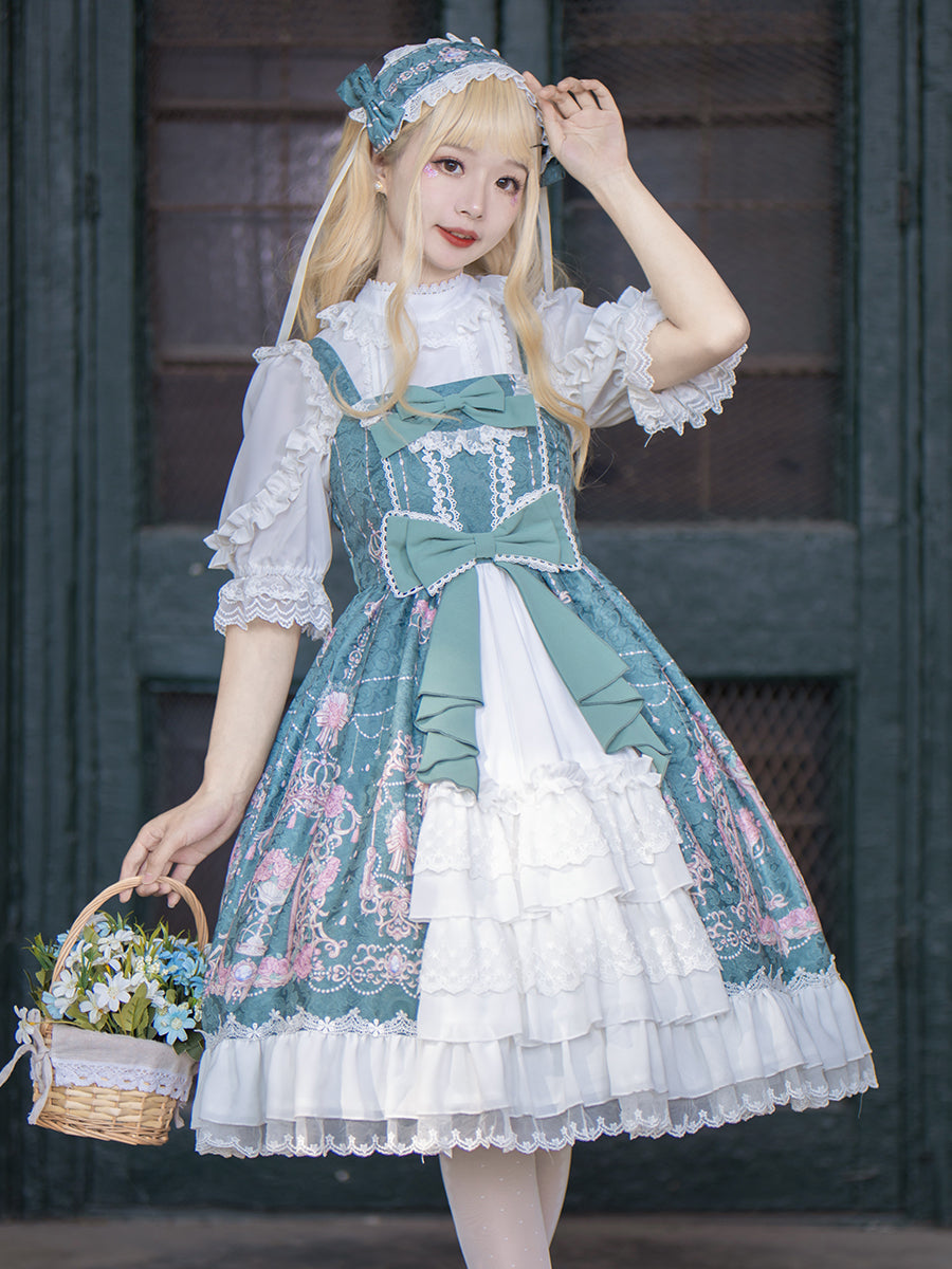 [Pre-order] Double ribbon front lace Lolita jumper skirt
