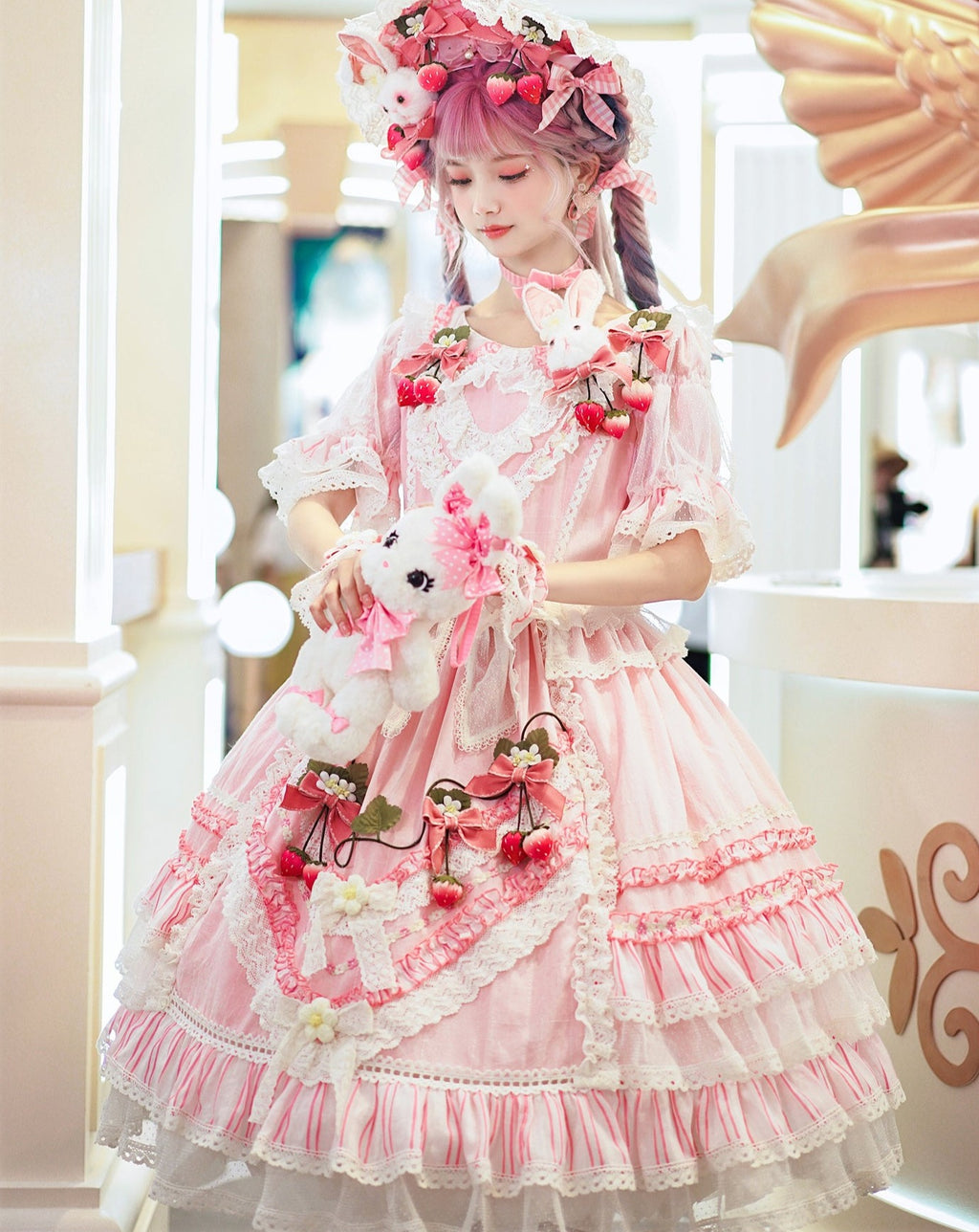 Strawberry princess dress with ruffles and ribbons in 4 colors