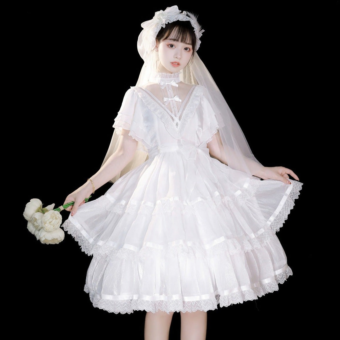 Sheer Stand Collar Elegant Frill Dress