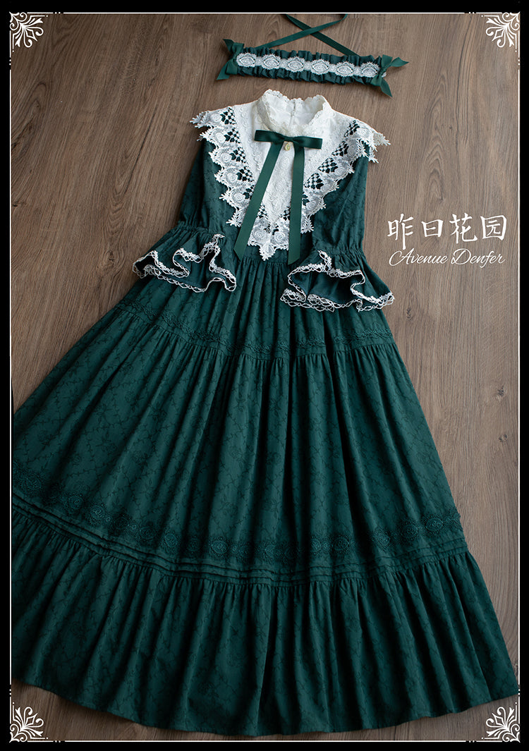 Classical cotton-jacquard lace stand-collar dress