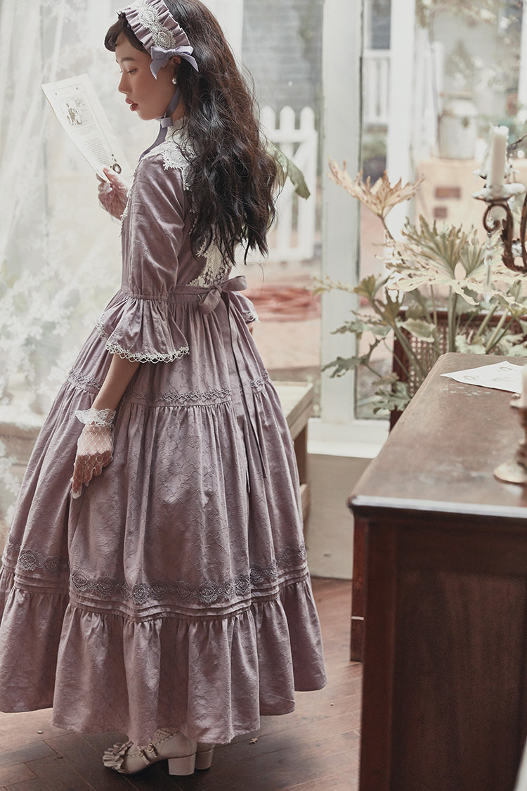 Classical cotton-jacquard lace stand-collar dress