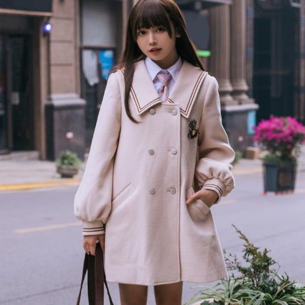 School style puff sleeve double coat