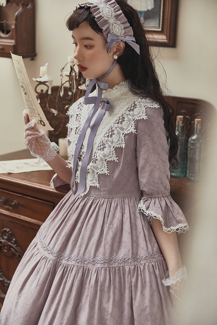 Classical cotton-jacquard lace stand-collar dress