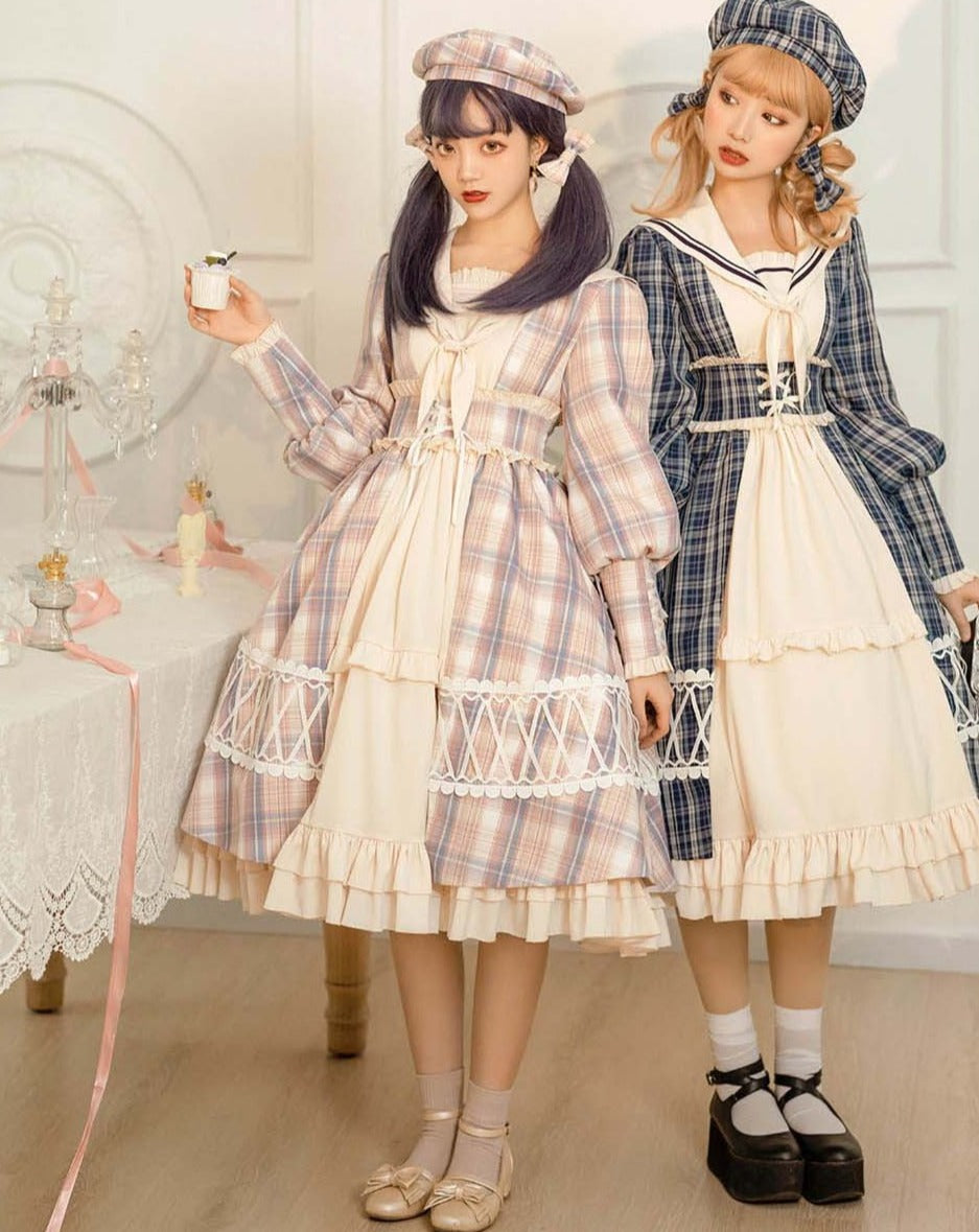 Schoolgirl in Paris Checked sailor collar dress and beret
