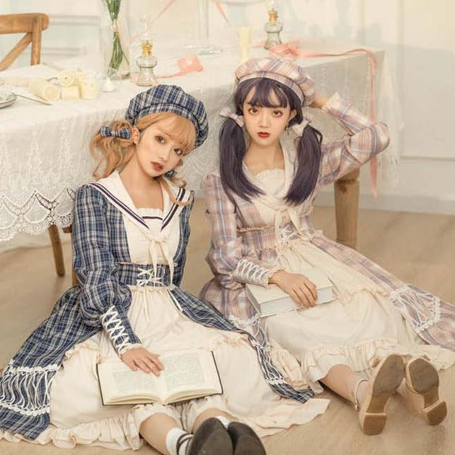 Schoolgirl in Paris Checked sailor collar dress and beret