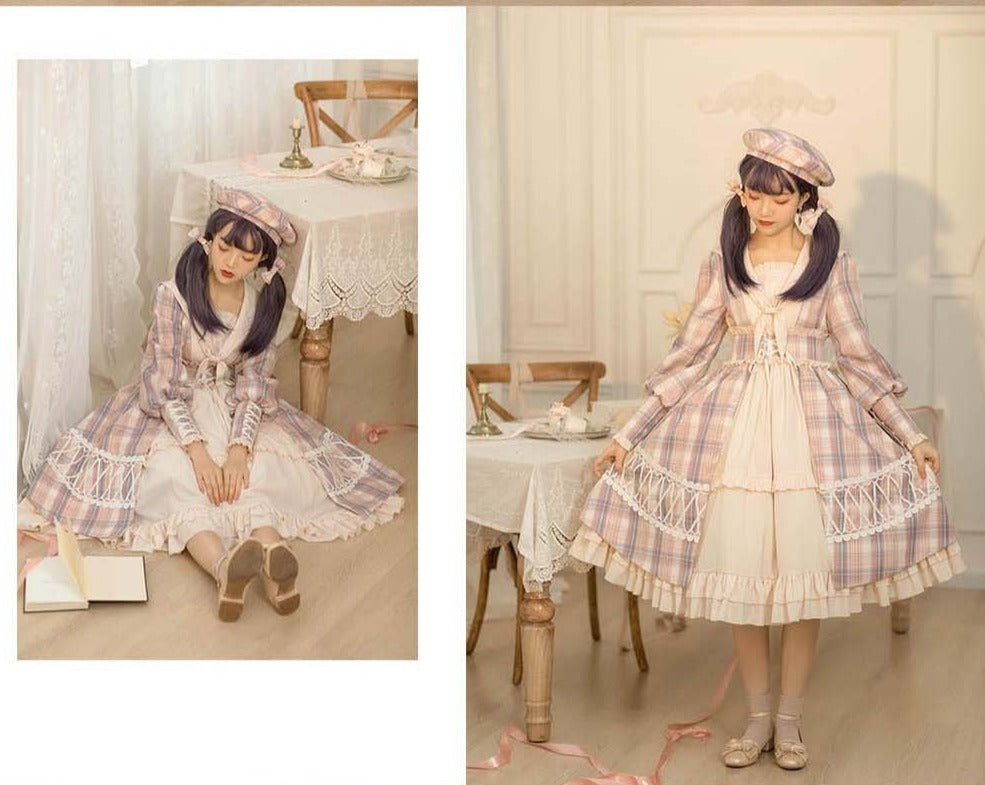Schoolgirl in Paris Checked sailor collar dress and beret