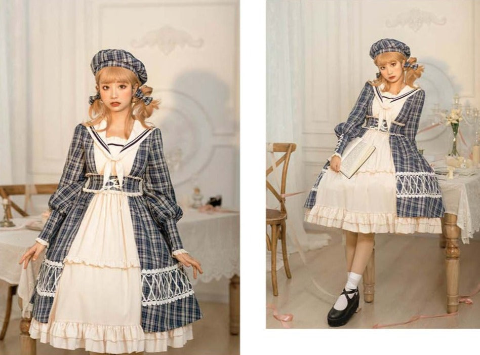 Schoolgirl in Paris Checked sailor collar dress and beret