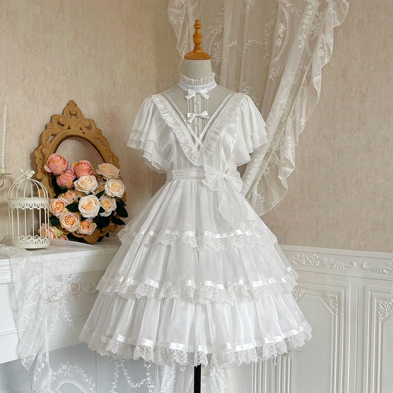 Sheer Stand Collar Elegant Frill Dress
