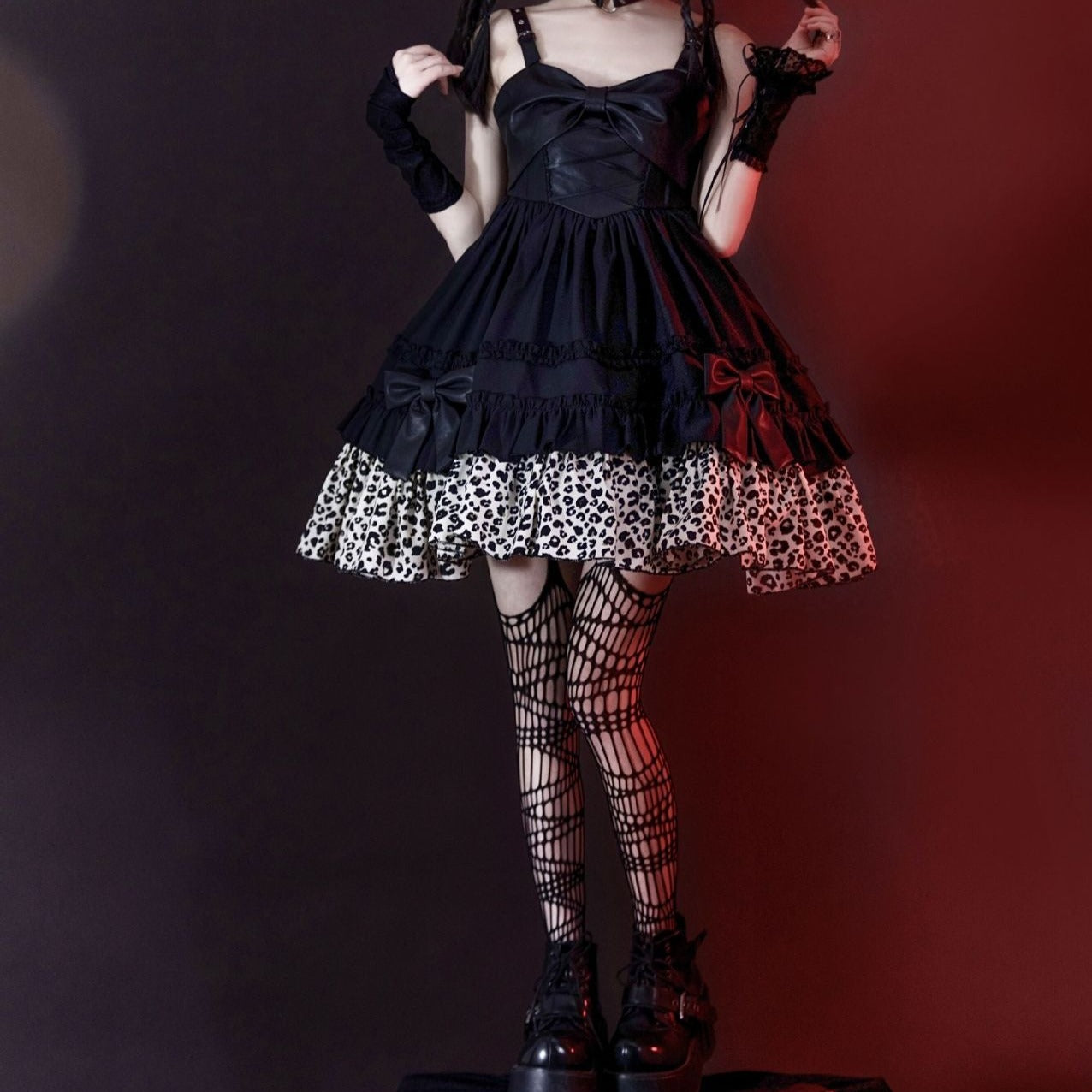 Big Ribbon Gothic Lolita Leopard Jumper Skirt and Headband