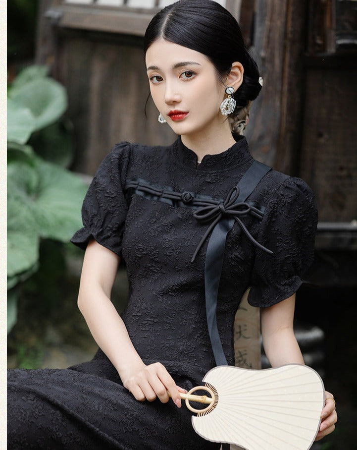 Black floral print jacquard China dress