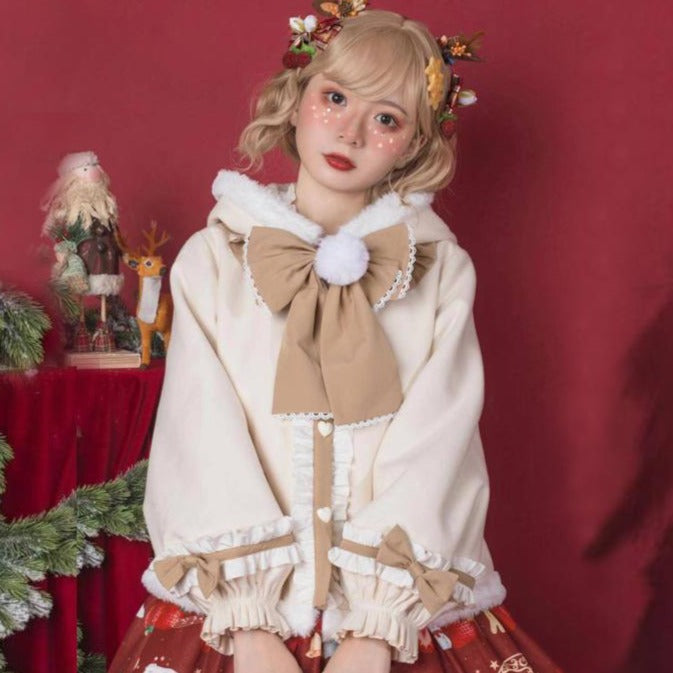 Reindeer style hooded boa ribbon short coat