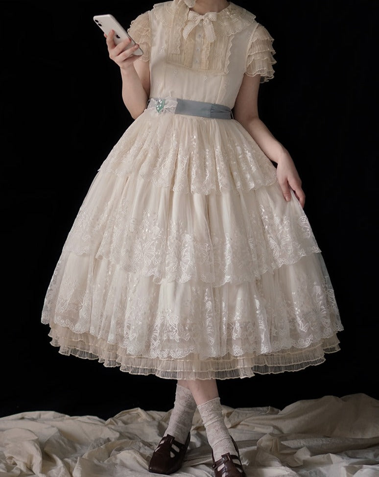 [Pre-order] Lily of the Valley Flower Embroidered Three-Tier Lace Dress (Mid-Length)