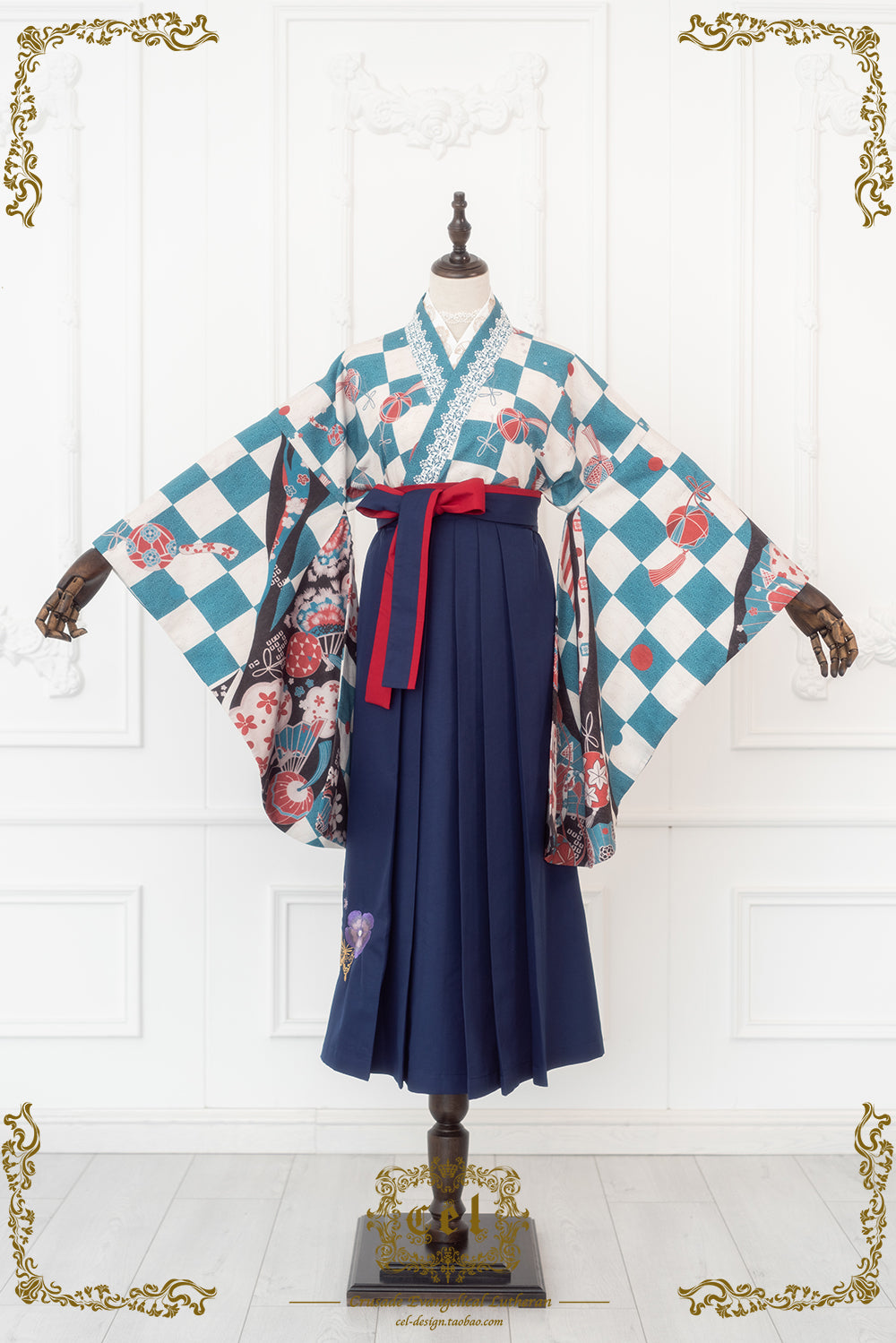 Camellia flower embroidery and butterfly hakama skirt