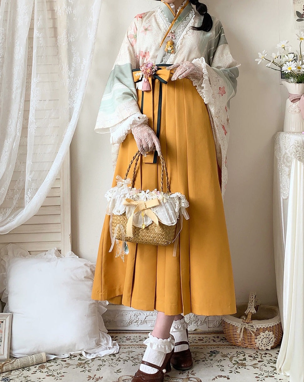 椿の花刺繍と蝶の袴風スカート