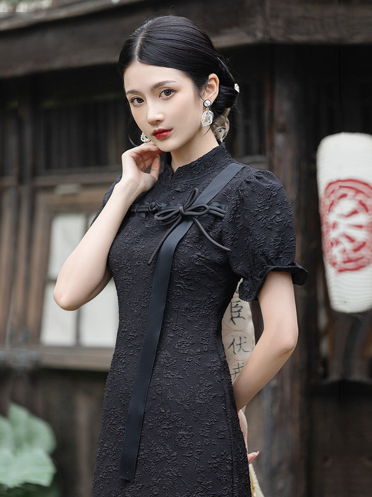 Black floral print jacquard China dress