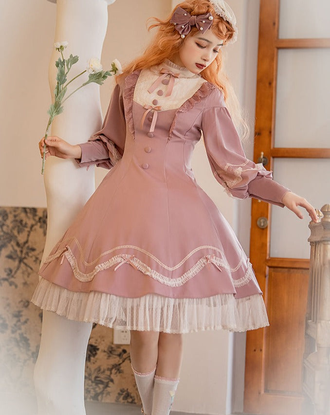 Lace and frill stand-up collar classical dress