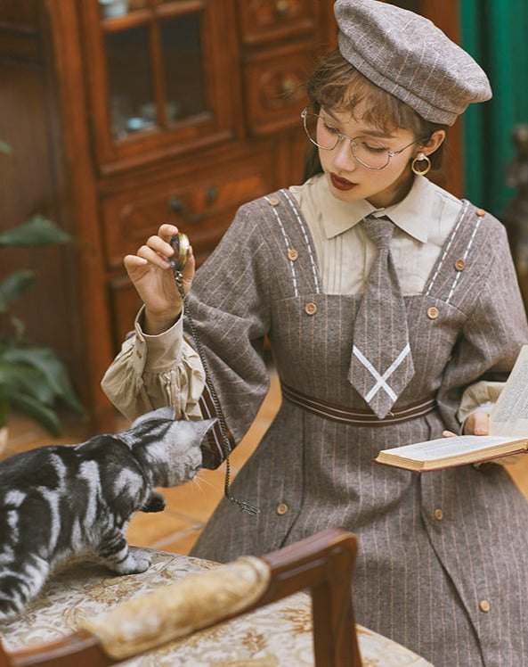 Retro detective dress coat 4-piece set