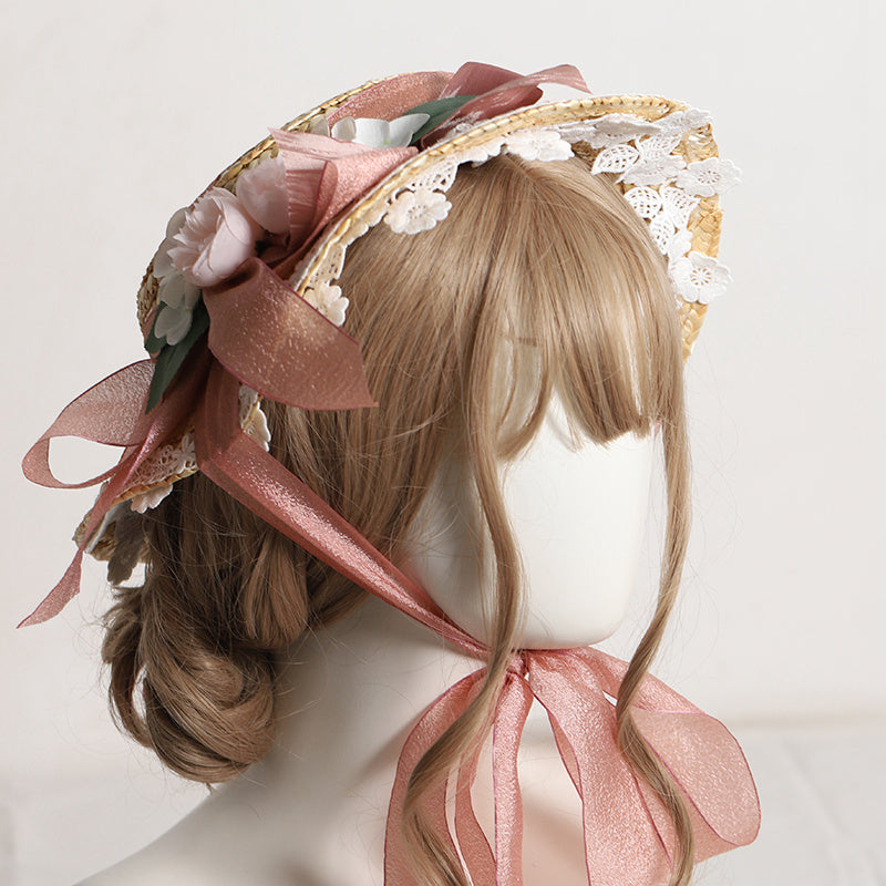 Flower and ribbon straw hat 11 colors