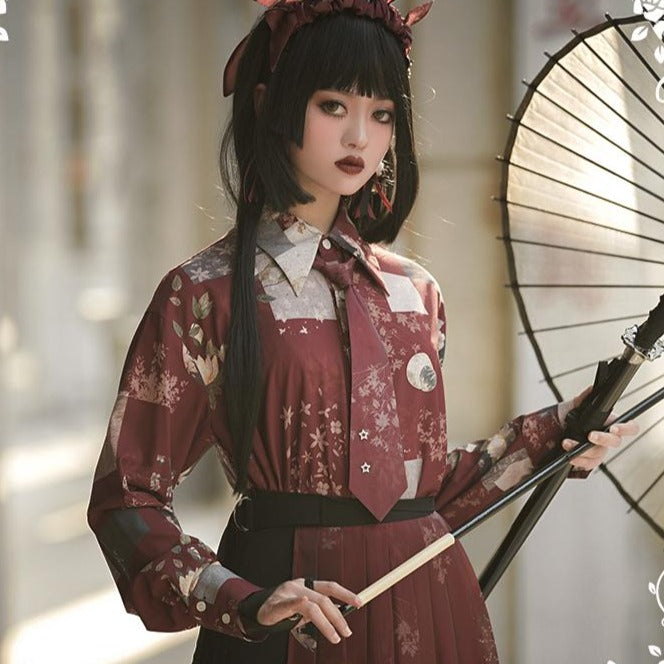 月下の花和風プリントブラウス　和ロリ