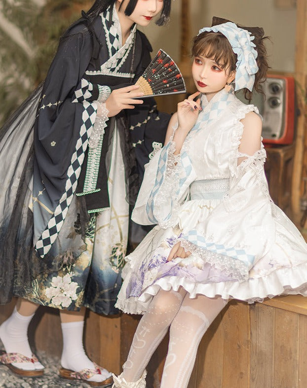 Japanese loli flower pattern white mini dress with headdress