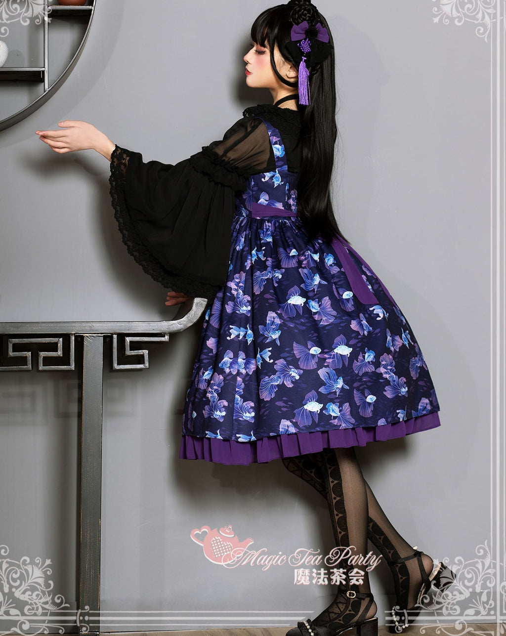 Yumemiru Goldfish Flower Lolita Jumper Skirt with Hair Accessory