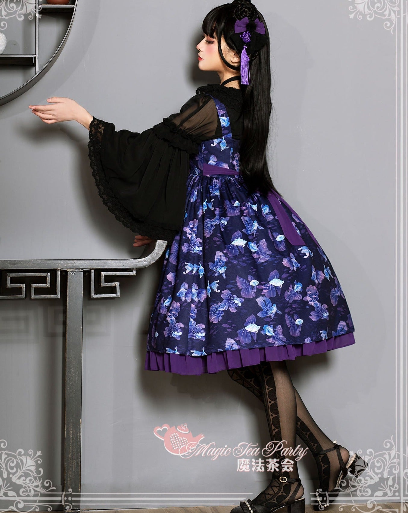 Yumemiru Goldfish Flower Lolita Jumper Skirt with Hair Accessory