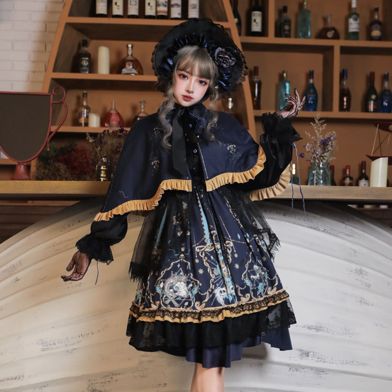 漆黒ネイビーにレトロ柄のジャンパースカート - ロリータファッション通販RonRon