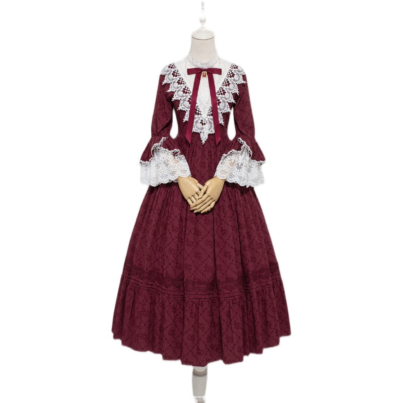Classical cotton-jacquard lace stand-collar dress