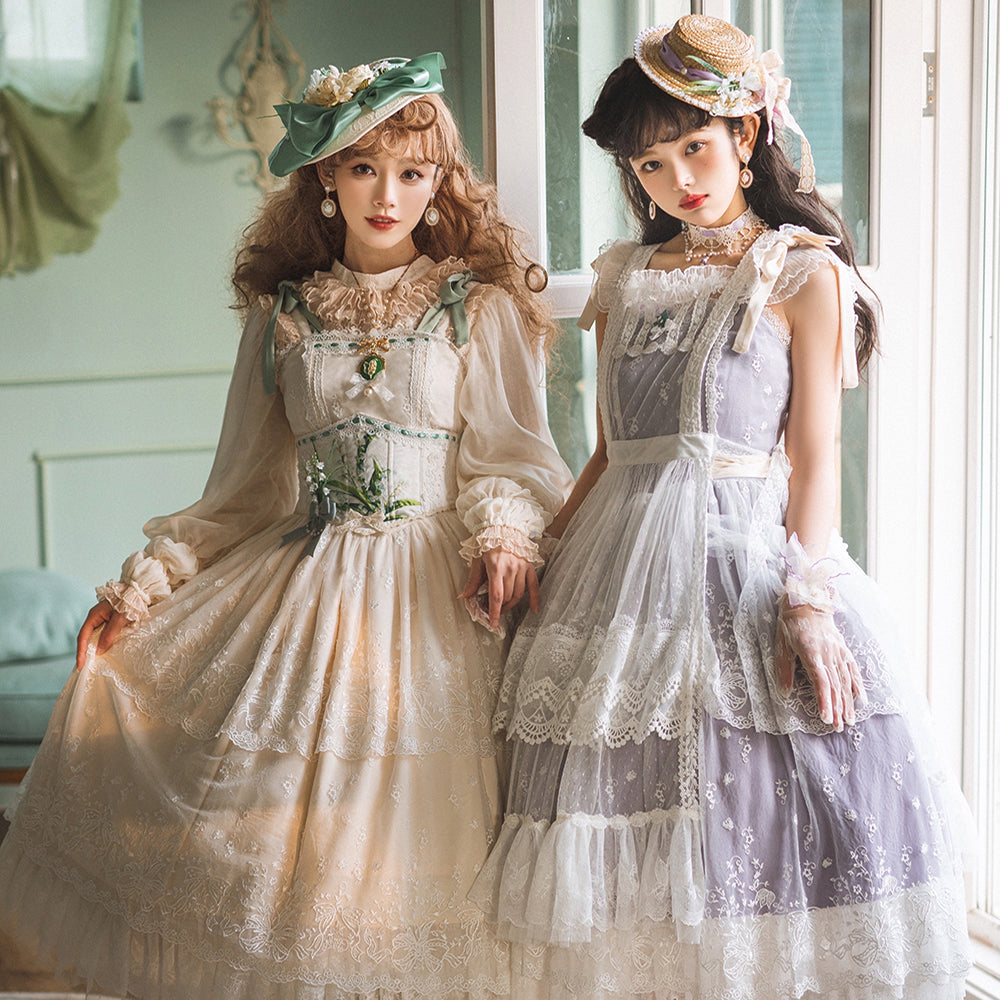 Suzuran flower embroidery layered jumper skirt