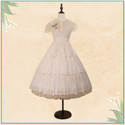 [Pre-order] Lily of the Valley Flower Embroidered Three-Tier Lace Dress (Mid-Length)
