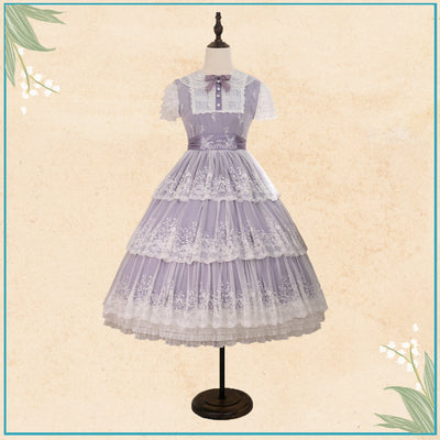 [Pre-order] Lily of the Valley Flower Embroidered Three-Tier Lace Dress (Mid-Length)