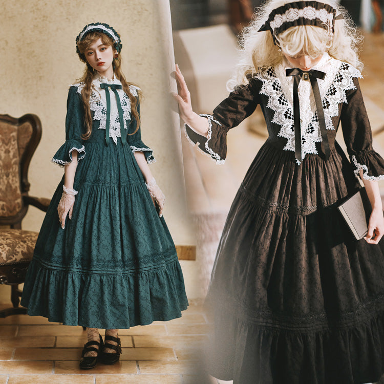 Classical cotton-jacquard lace stand-collar dress