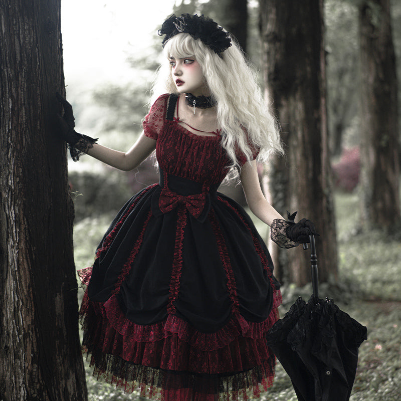 Dark gothic wine red lace dress