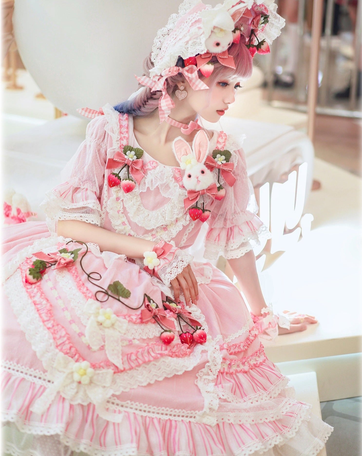 Strawberry princess dress with ruffles and ribbons in 4 colors