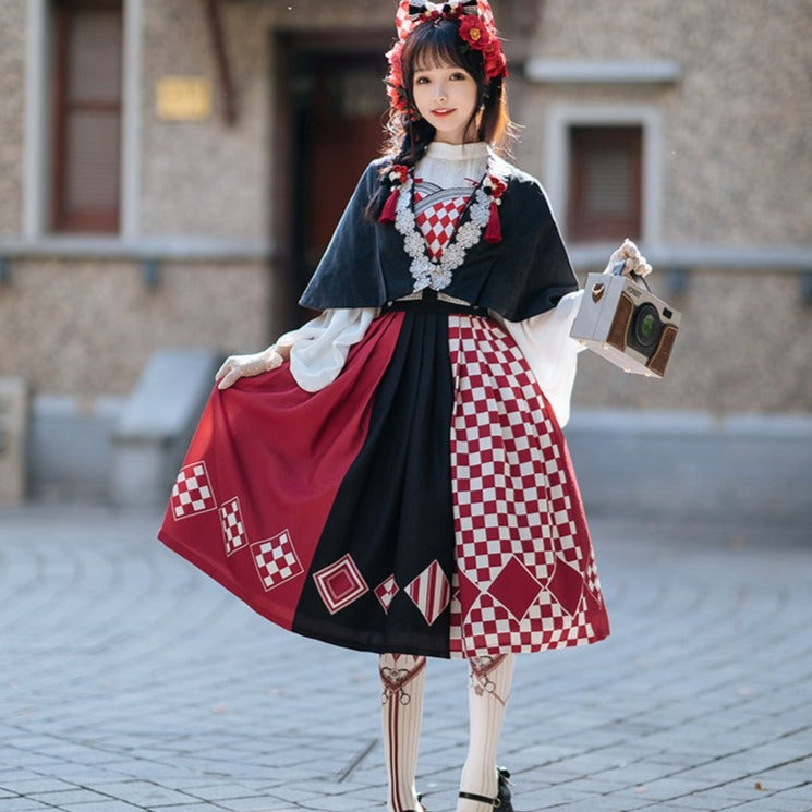 大正浪漫 菱形格子の和ロリジャンパースカートとマント　和ロリ