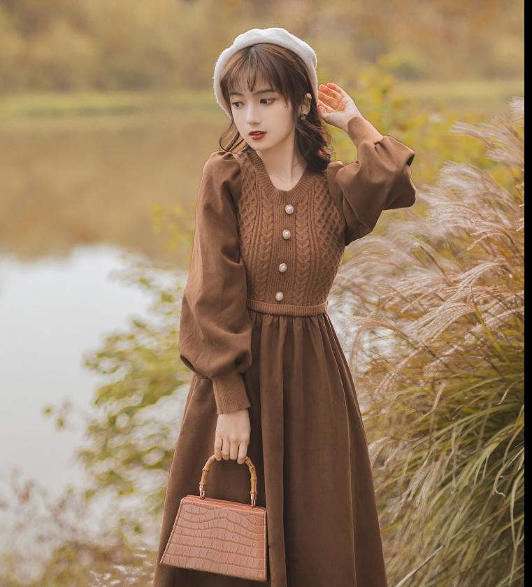 Retro-colored French girly puff free dress