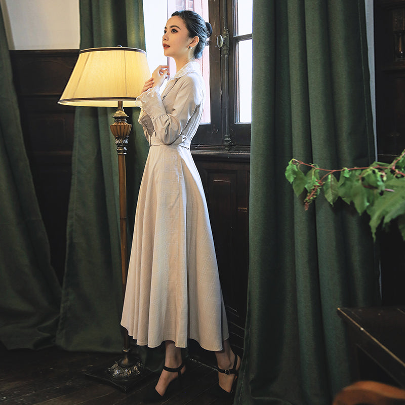 Retro French embroidered lace collar check dress