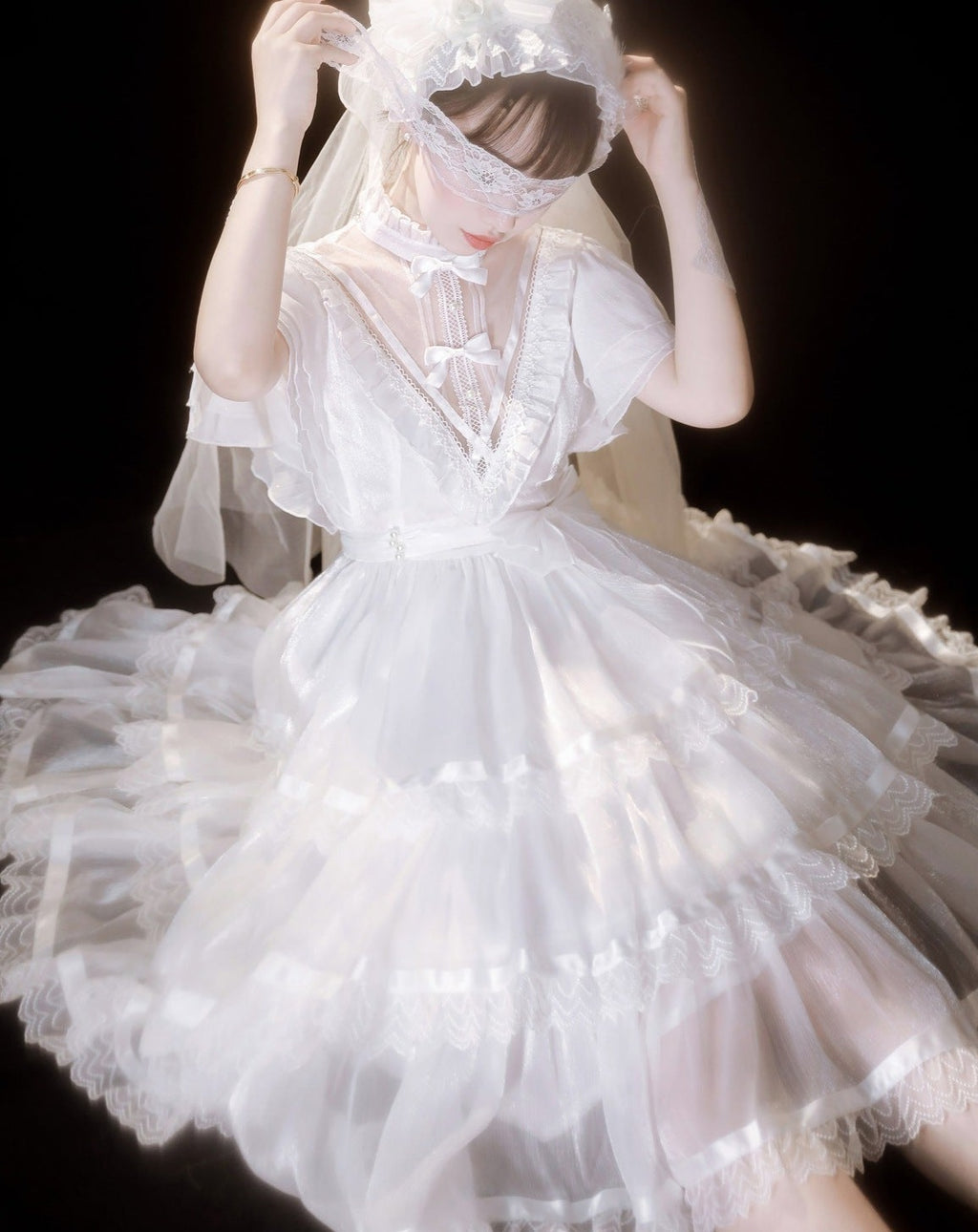 Sheer Stand Collar Elegant Frill Dress