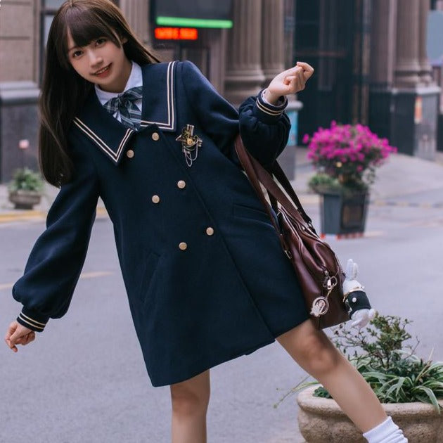 School style puff sleeve double coat