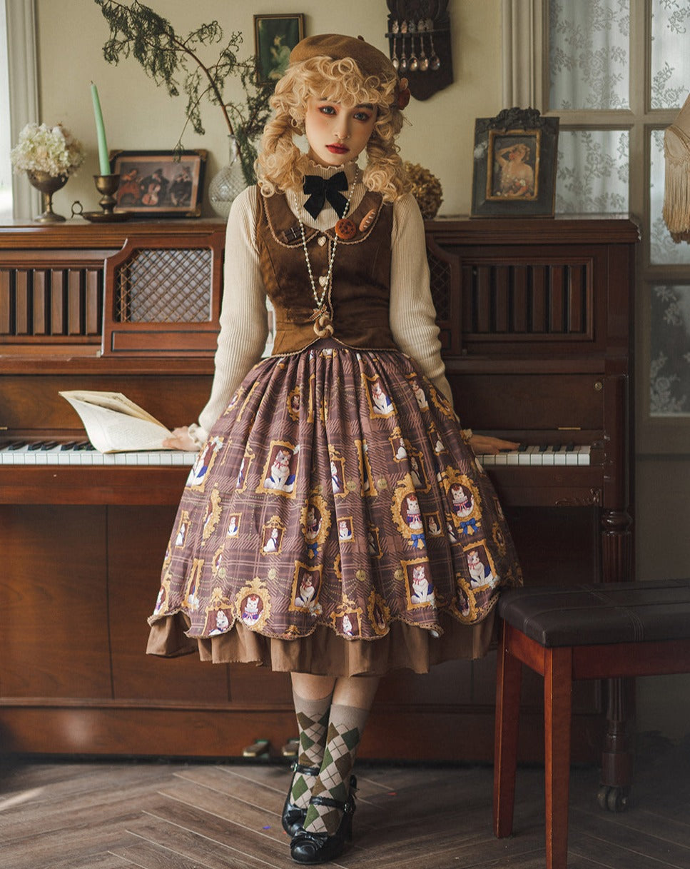 [Pre-order] Frame Cat and Checkered Layered Skirt