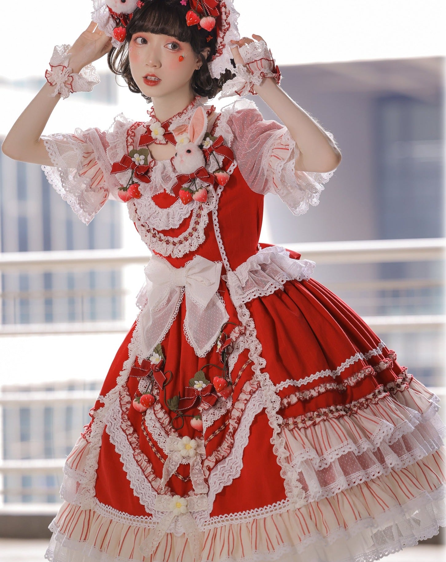 Strawberry princess dress with ruffles and ribbons in 4 colors