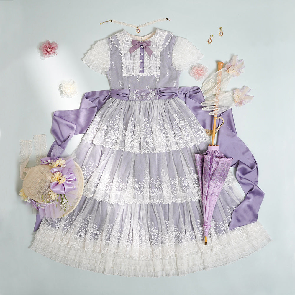 【予約販売】鈴蘭の花刺繍 三段レースワンピース（ロング丈）