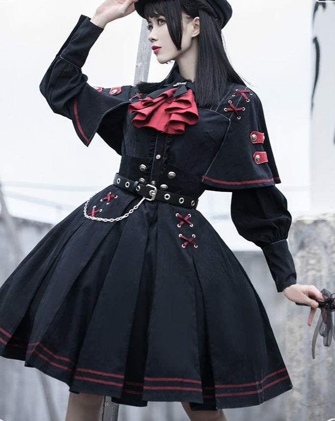 【予約販売】ミリタリーロリィタ黒×赤フリルタイ スカートセットアップ