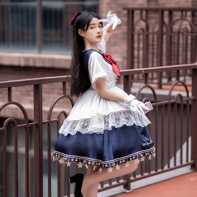 [Sold Out] Sailor Suit Lolita Dress with Embroidered Stars and Moon